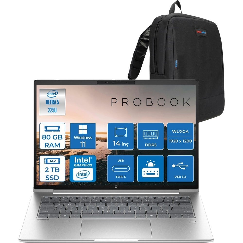 HP Probook 4 G1I Aı Intel Core Ultra 5 225U 80GB Ddr5 2tb SSD Windows 11 Pro Intel® Aı Boost 14