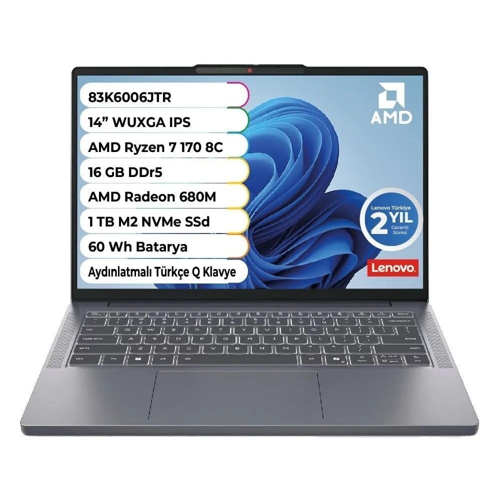 Lenovo Ideapad Slim 3 Amd Ryzen 7 170 Cpu 16 GB 1 Tb Amd Radeon 680 M Freedos 14 Inç 83K6006JTR