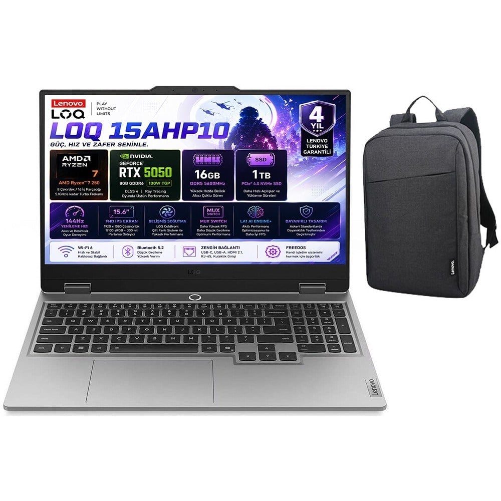 Lenovo Loq 15AHP10 Amd Ryzen 7-250 16GB Ddr5 1tb SSD Rtx 5050 8gb 100W 15.6 Inç Full Hd 144Hz IPS Windows 11 Pro Gaming Laptop (83JG00BMTR) B210 Çanta Hediyeli