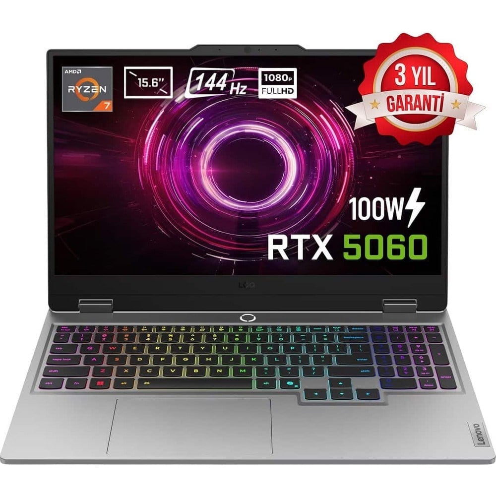 Lenovo LOQ 15AHP10 AMD Ryzen 7 250 16GB DDR5 1TB SSD RTX 5060 8GB 100W 15.6 inç Full HD 144Hz IPS FreeDos Gaming Laptop (83JG008UTR)