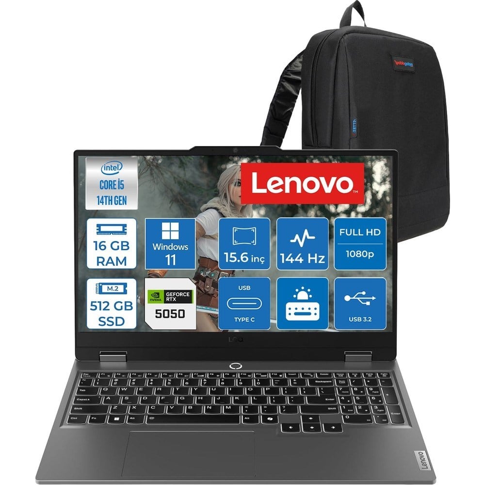 Lenovo Loq 15IRX10 Intel Core I5-14500HX 16GB Ddr5 512GB SSD RTX5050/8GB 100W 15,6 Inç Full Hd (1920X1080) IPS 300 Nit %100 Srgb, 144 Hz WIN11PRO Gaming Bilgisayar 83JE0128TRP02+ZETTAÇANTA