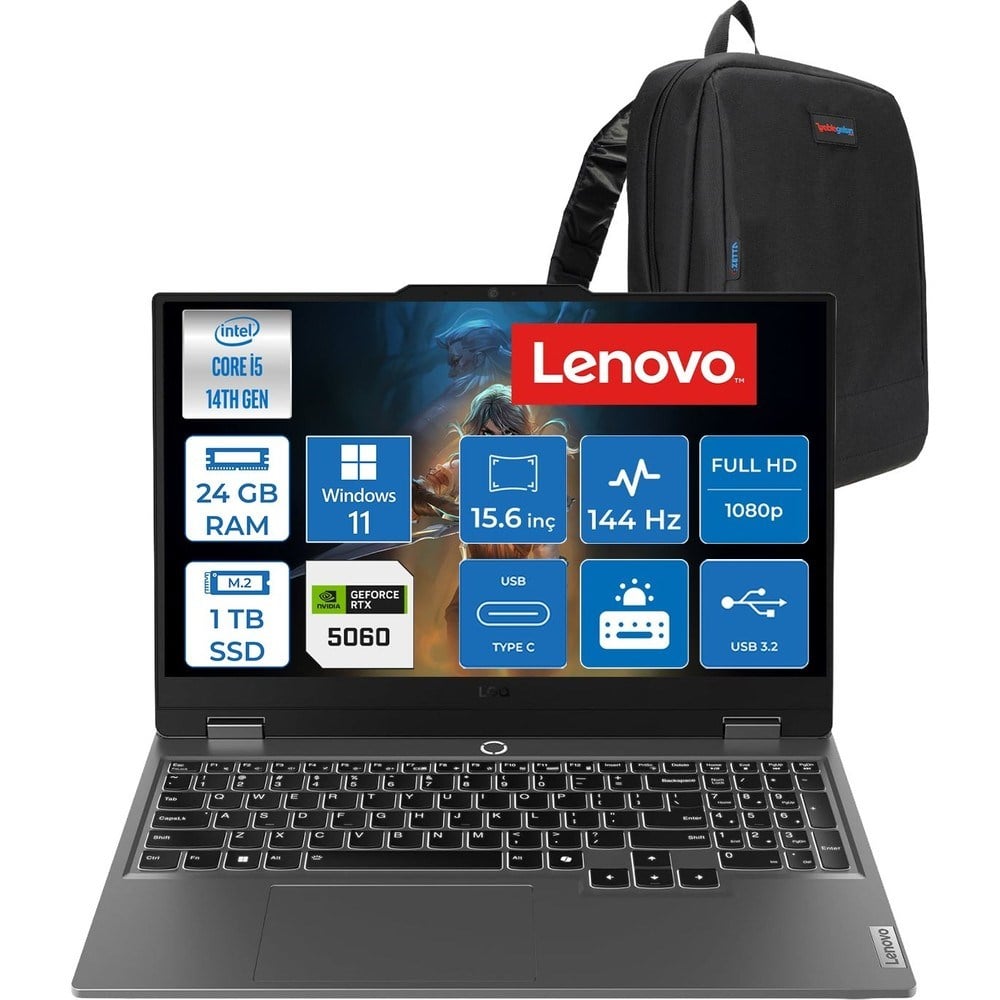 Lenovo Loq 15IRX10 Intel Core I5-14500HX 24GB Ddr5 1tb SSD RTX5060/8GB 100W 15,6 Inç Full Hd (1920X1080) IPS 300 Nit %100 Srgb, 144 Hz WIN11PRO Gaming Bilgisayar 83JE012LTRP08+ZETTAÇANTA