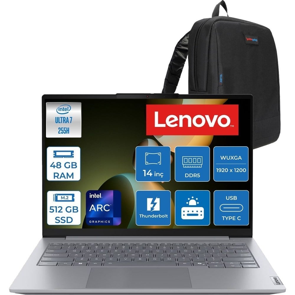 Lenovo Thinkbook 14 Gen8 Ial Intel Core Ultra 7 255H 5.1ghz 48GB Ddr5 512GB SSD Freedos Intel Arc 140T 14 Inç Wuxga (1920 x 1200) IPS 300NITS Taşınabilir Bilgisayar 21SJ007ATXF30 + Zetta Çanta