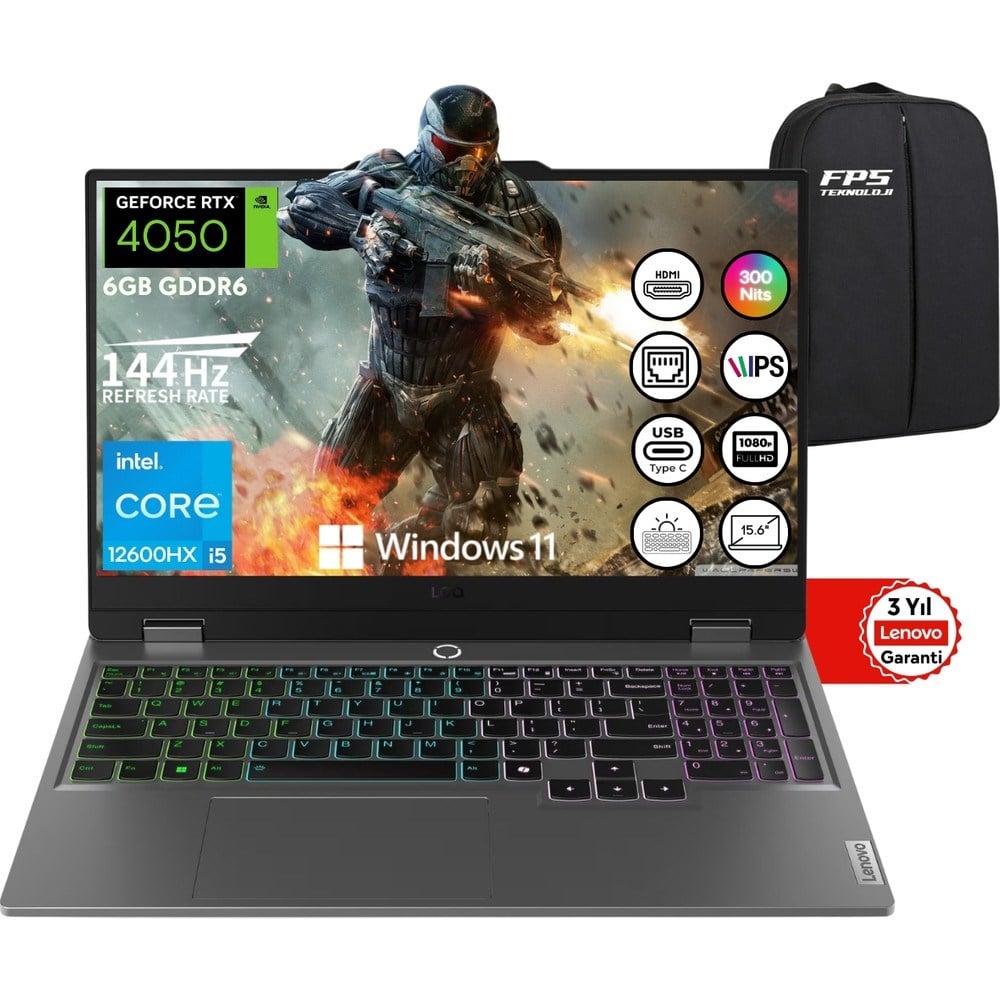 LenovoLoq 15IAX9 I5-12600HX RTX4050 105W 8gb Ram 1tb SSD 15.6