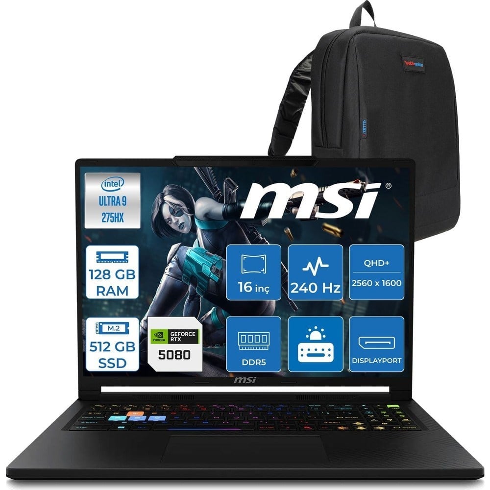 MSI Msı Raider 16 Hx B2WI-021TR Intel Ultra 9 275HX Aı 128GB Ddr5 512GB SSD 16GB/RTX5080 175W 16