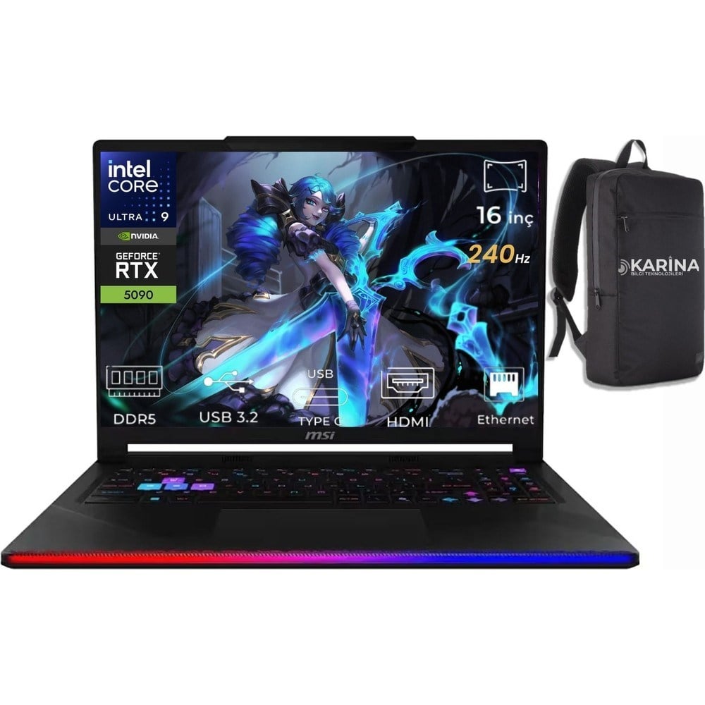 MSI Msı Raider 16 Hx Ultra 9 290HX Plus B2WJ-022TR-K19 32GB 4tb+4tb RTX5090 24GB W11HOME 16'' Qhd+ 240Hz Gaming Notebook