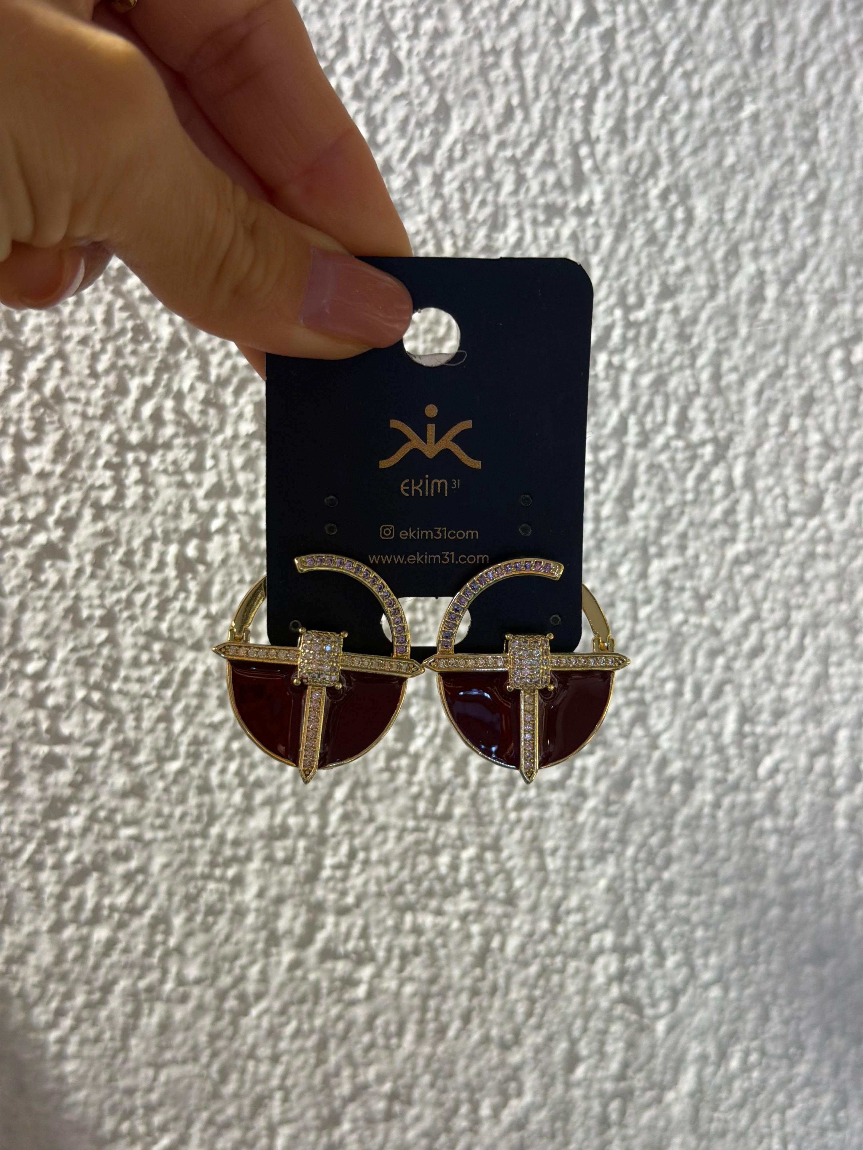 Bordo Yarım Daire Gold Küpe 