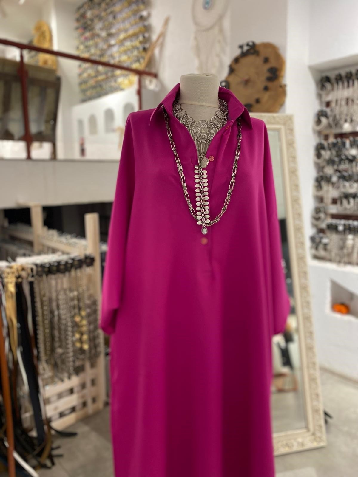 Fuşya Double Crep Yakalı Uzun Elbise