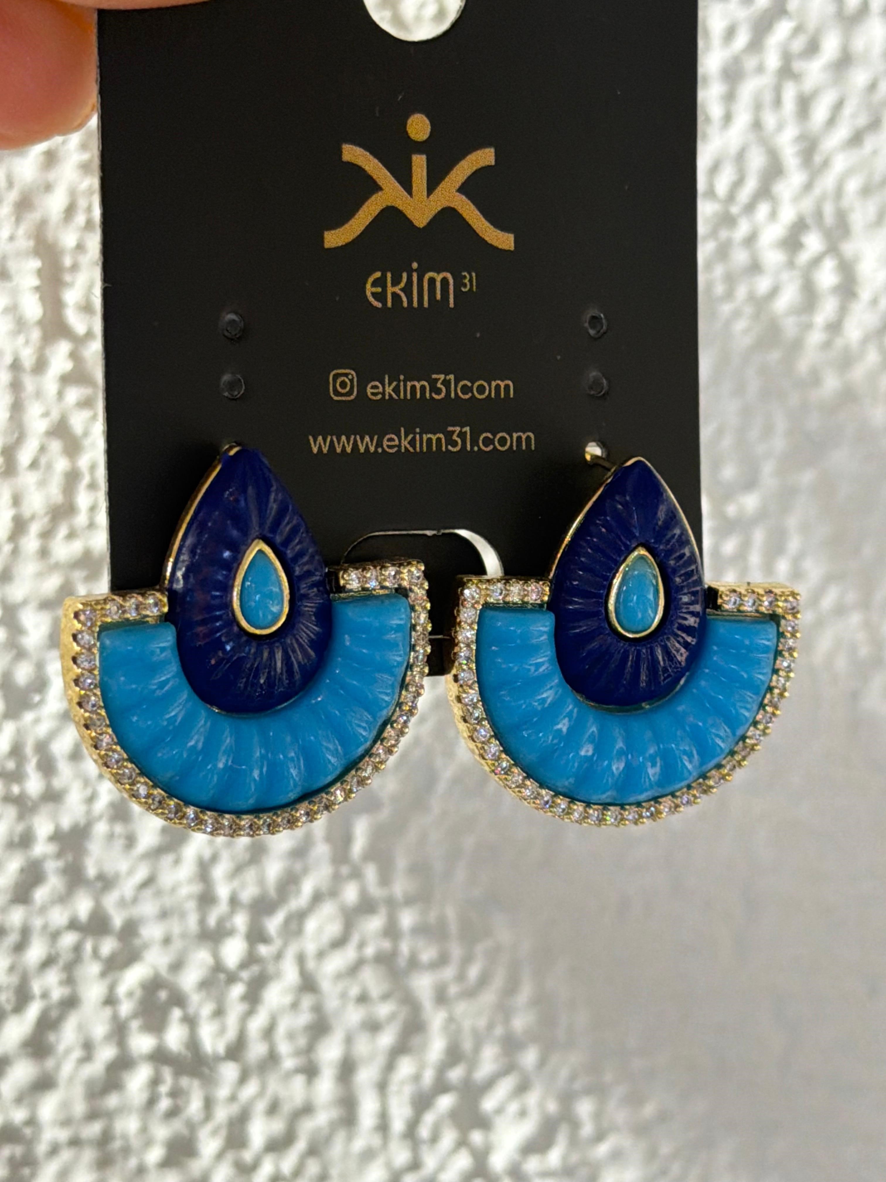 Mavi Gold Taşlı Yelpaze Küpe 