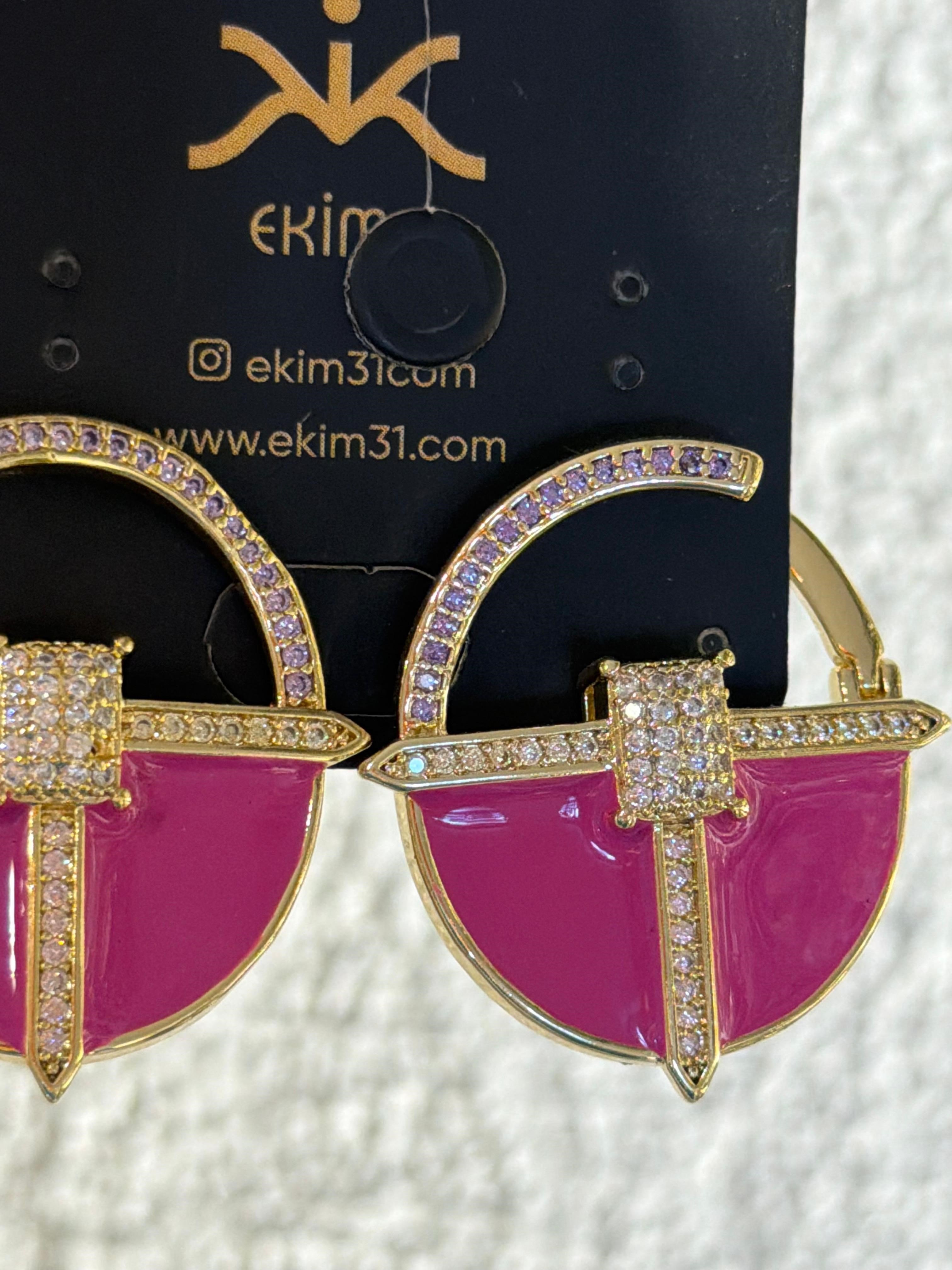 Pembe Yarım Daire Gold Küpe 