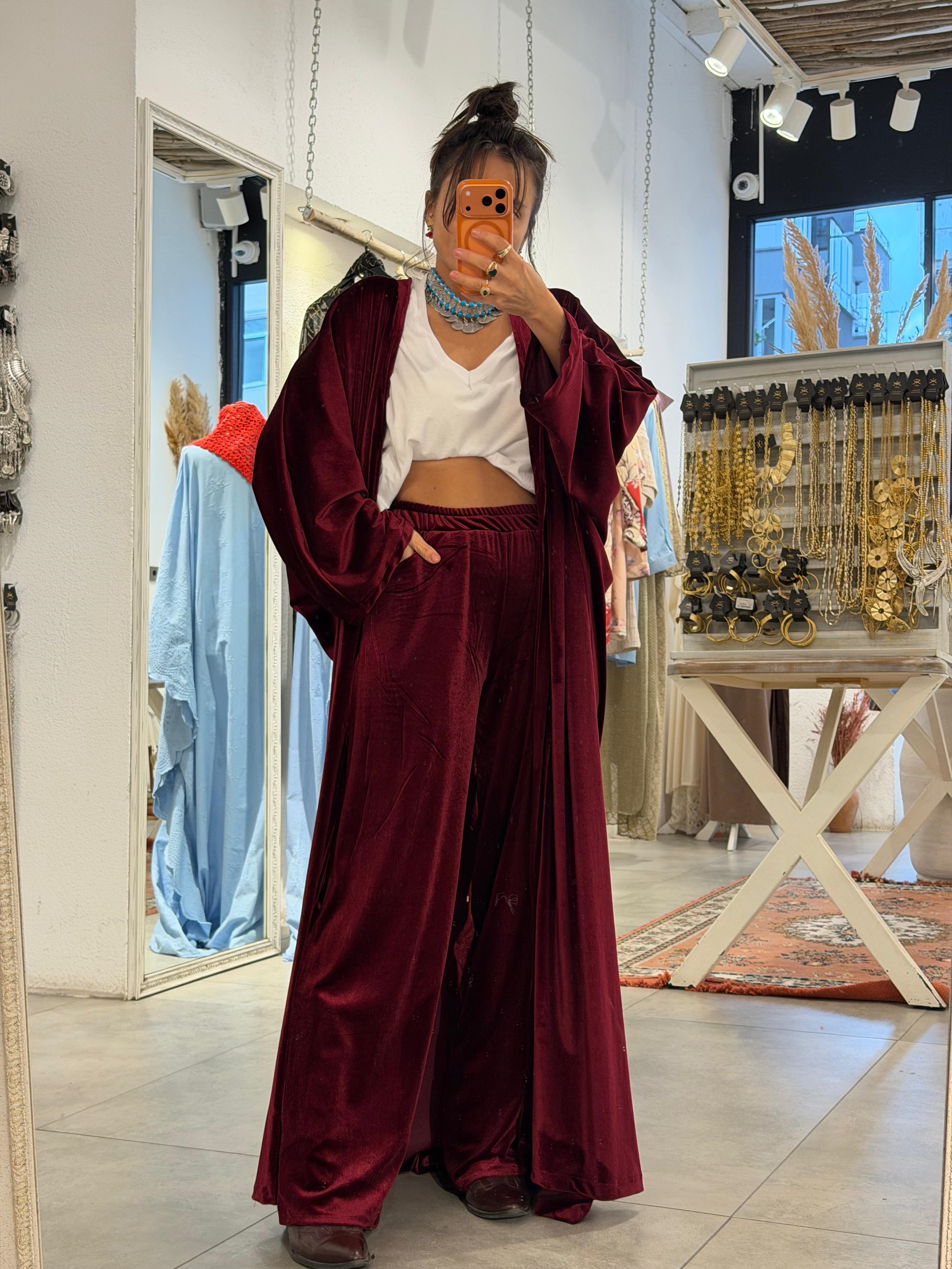 Uzun Oversize Kadife Kimono Bordo