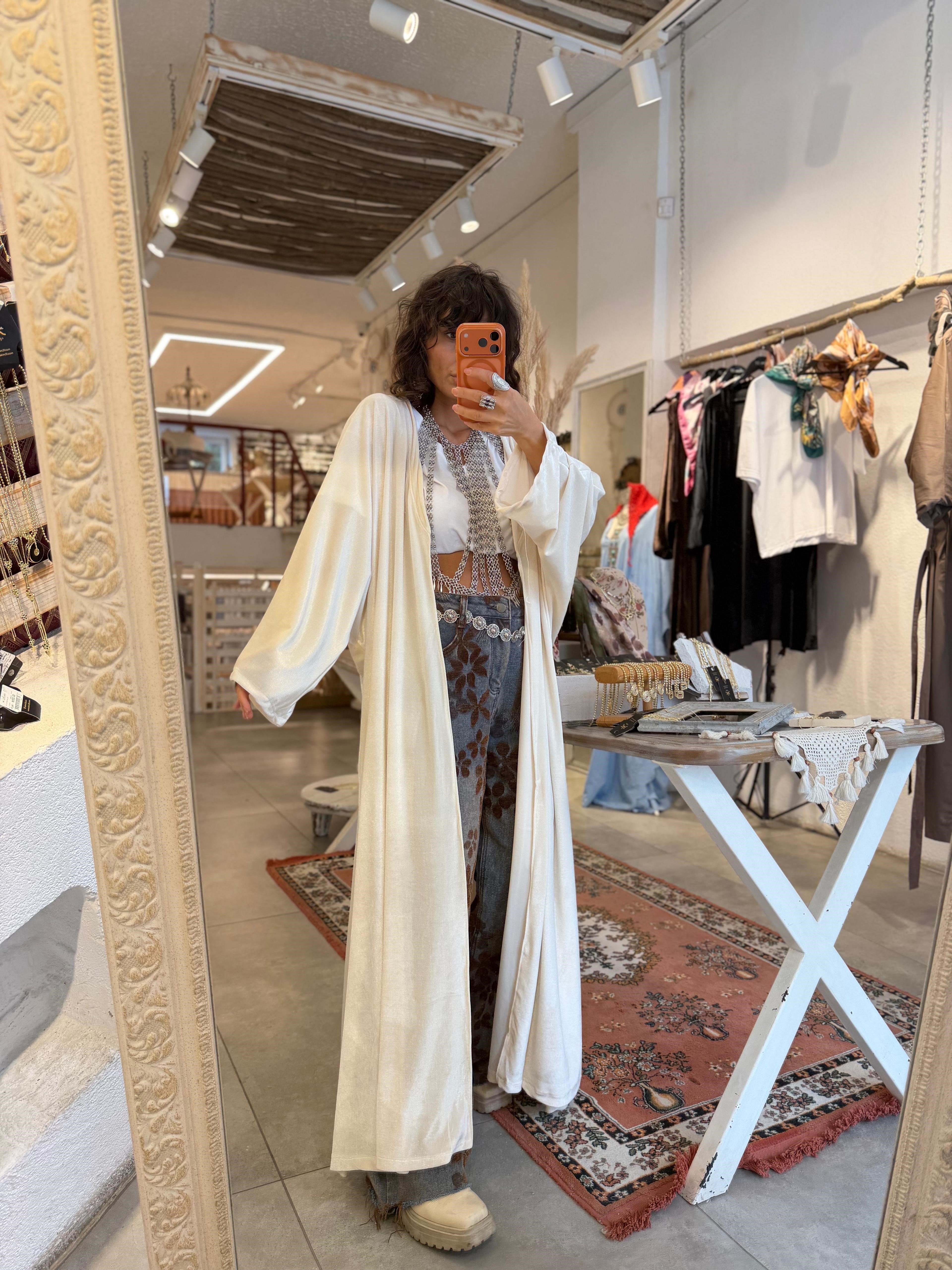 Uzun Oversize Kadife Kimono Ekru