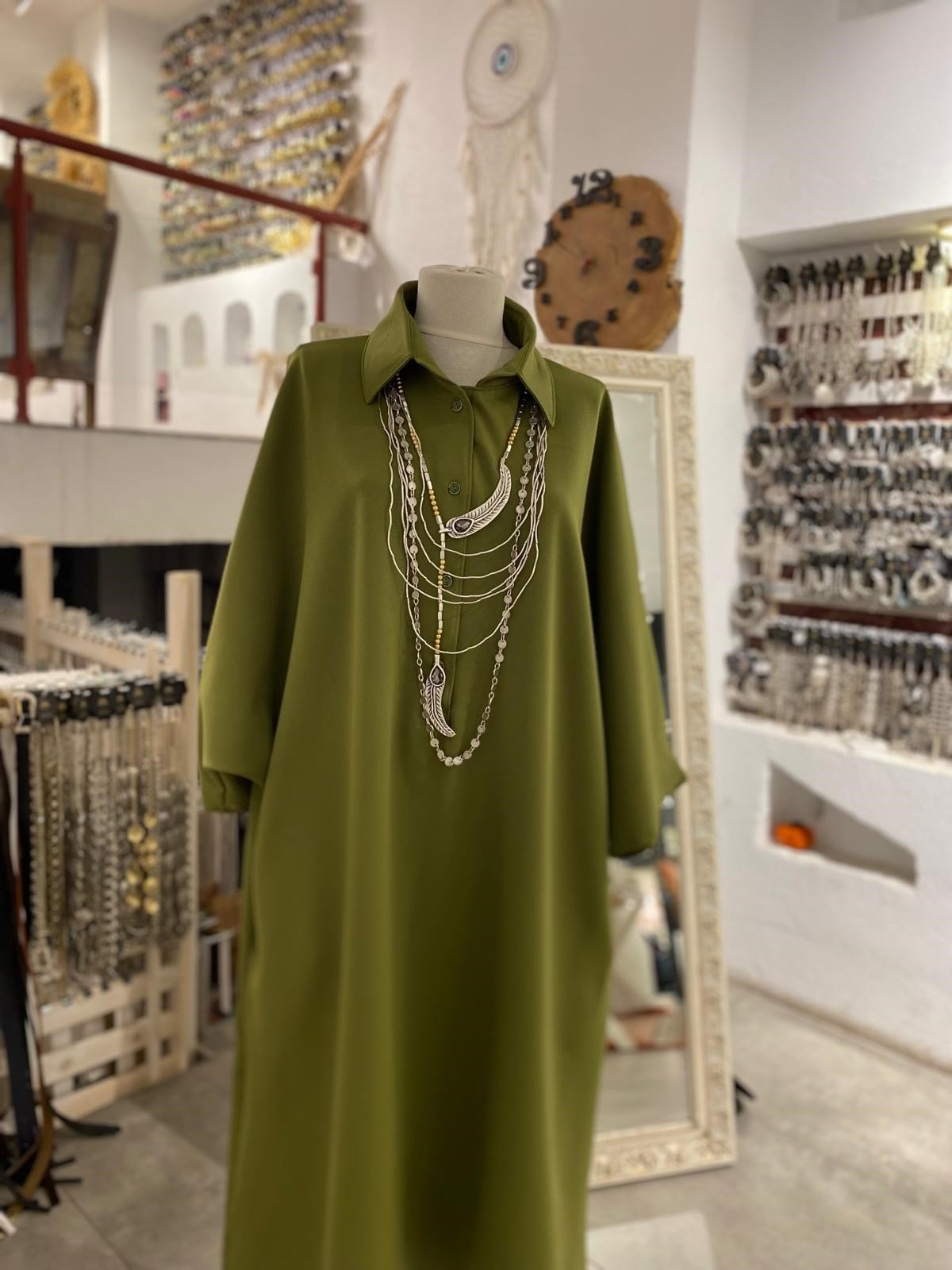 Yeşil Double Crep Yakalı Uzun Elbise