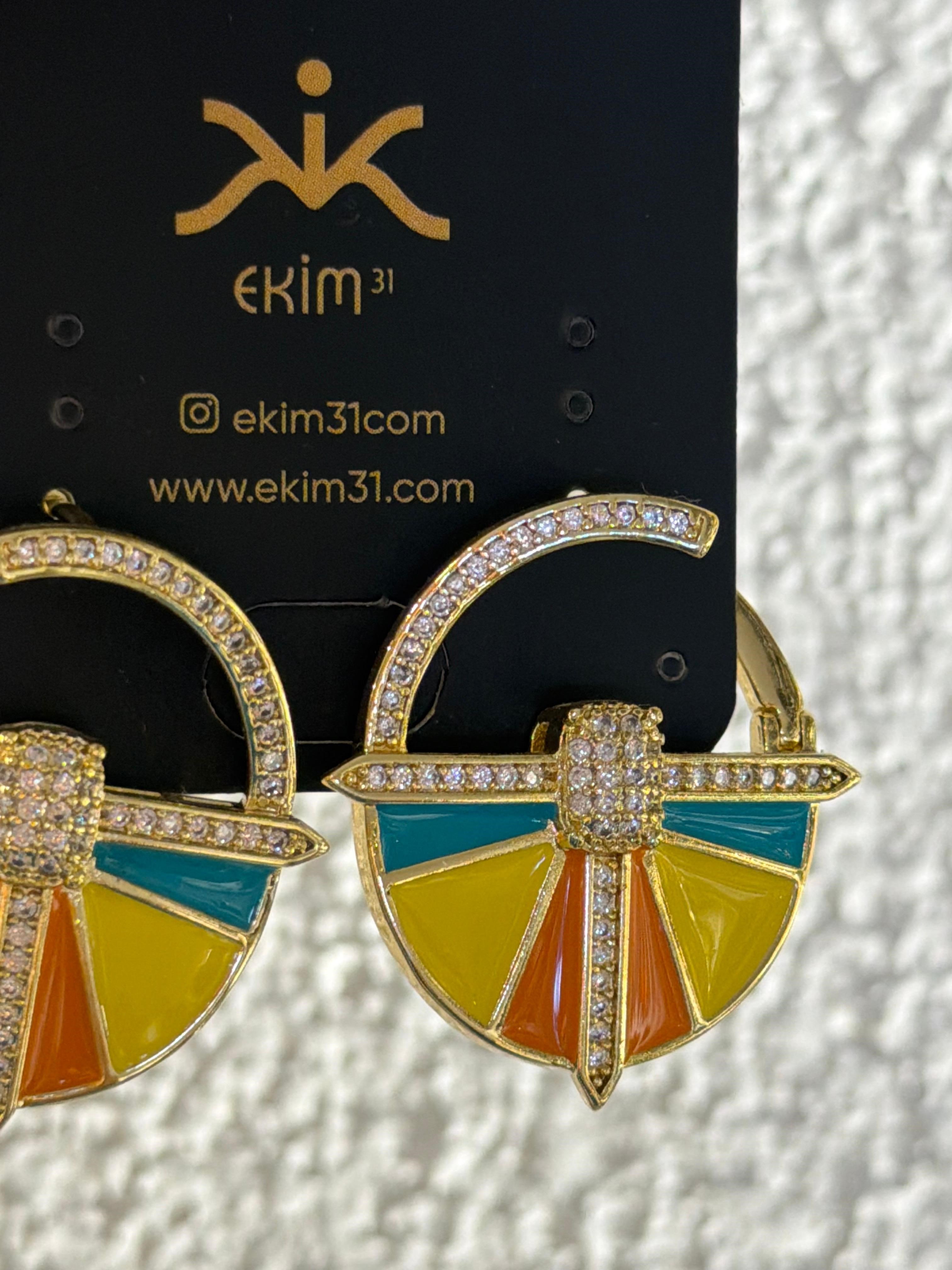 Zirkon Taşlı Sarı Detaylı Renkli Küpe