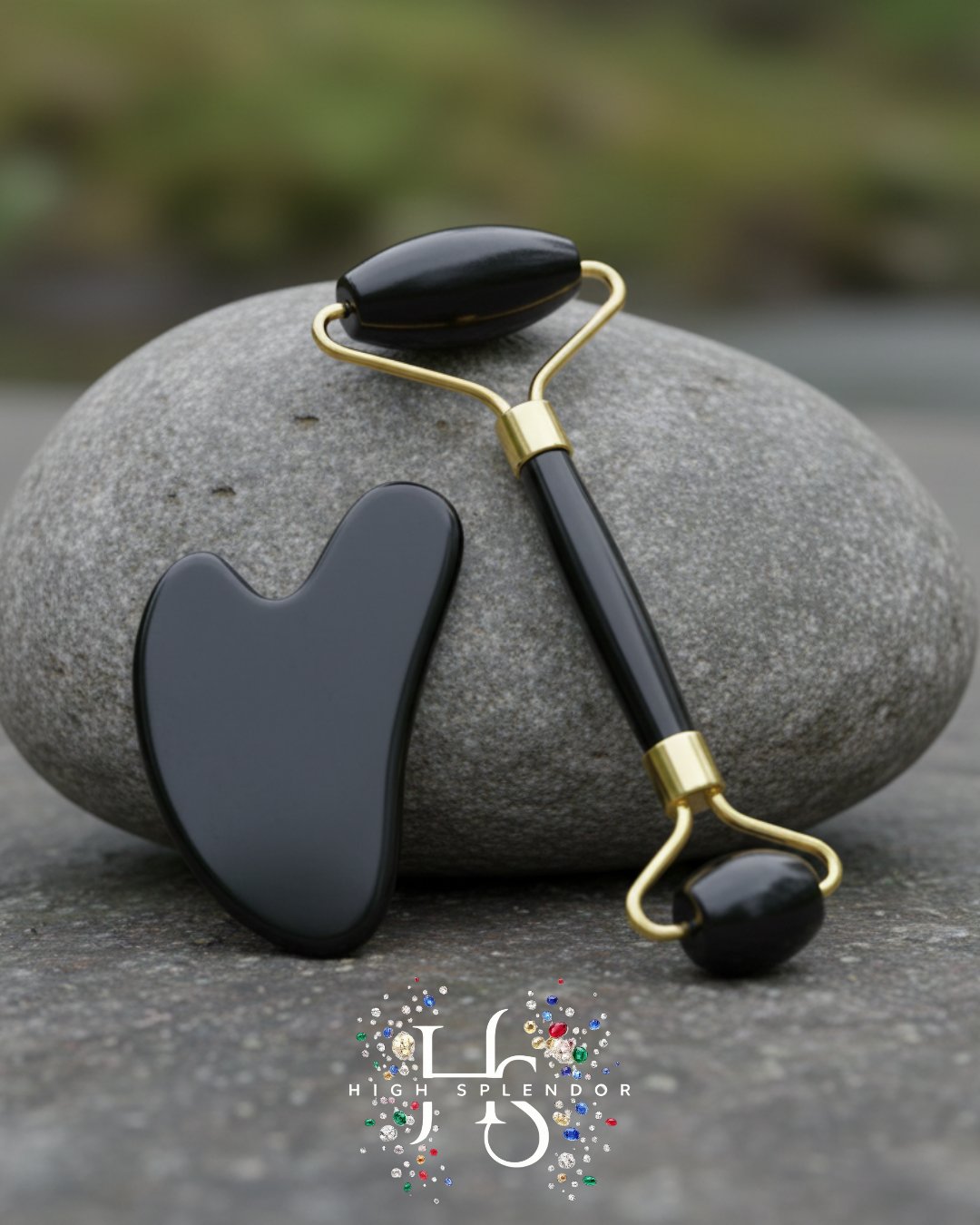 Obsidyen Doğal Taş 2'li Set – Face Roller + Gua Sha Masaj Taşı