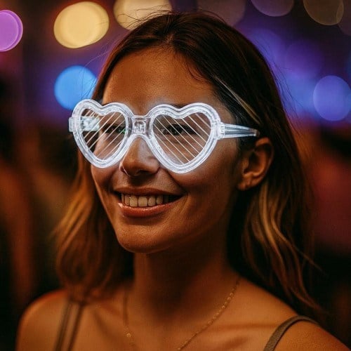 Beyaz LED Işıklı Kalp Gözlük – 3 Modlu Parti & Glow Gözlüğü
