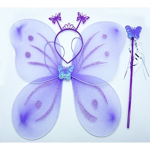 Lila Mor Kelebek Kız Seti – 50 cm Kelebek Kanadı, Taç ve Asa