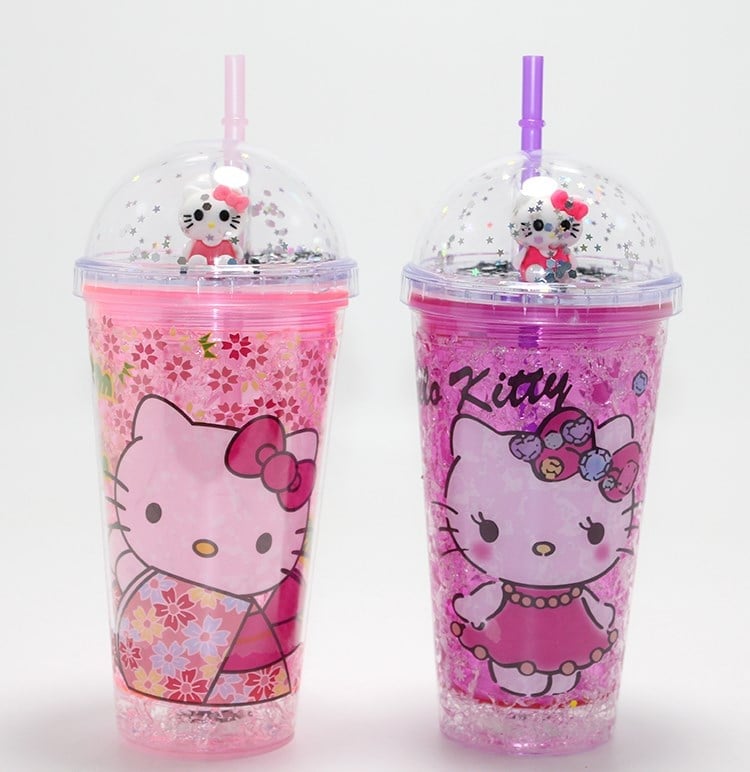 Sevimli Hello Kitty Işıklı Pipetli Boncuklu Suluk & Bardak (400 Ml)