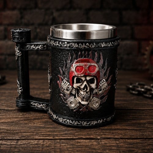 Toptan Kuru Kafa Motorcu Tasarımlı Metal Kupa Bardak