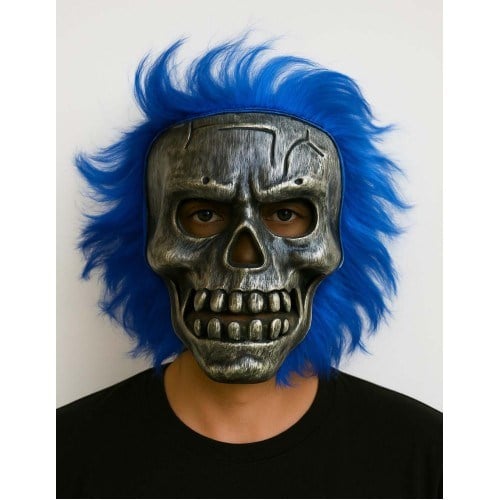 Wild Skull - Gümüş Kafatası Mavi Saçlı İskelet Maske