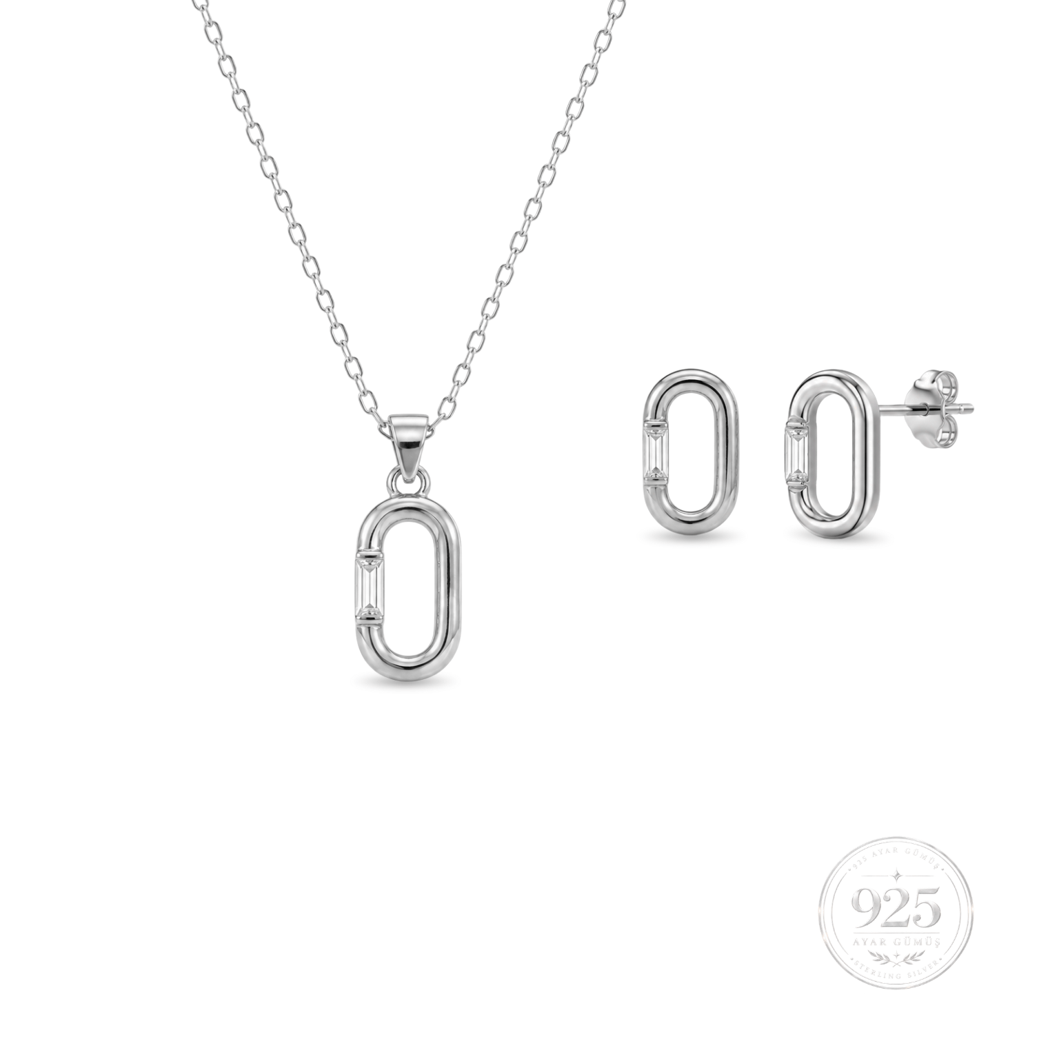 Servi 925 Ayar Gümüş Baget Taşlı Minimal Oval Kolye ve Küpe Seti