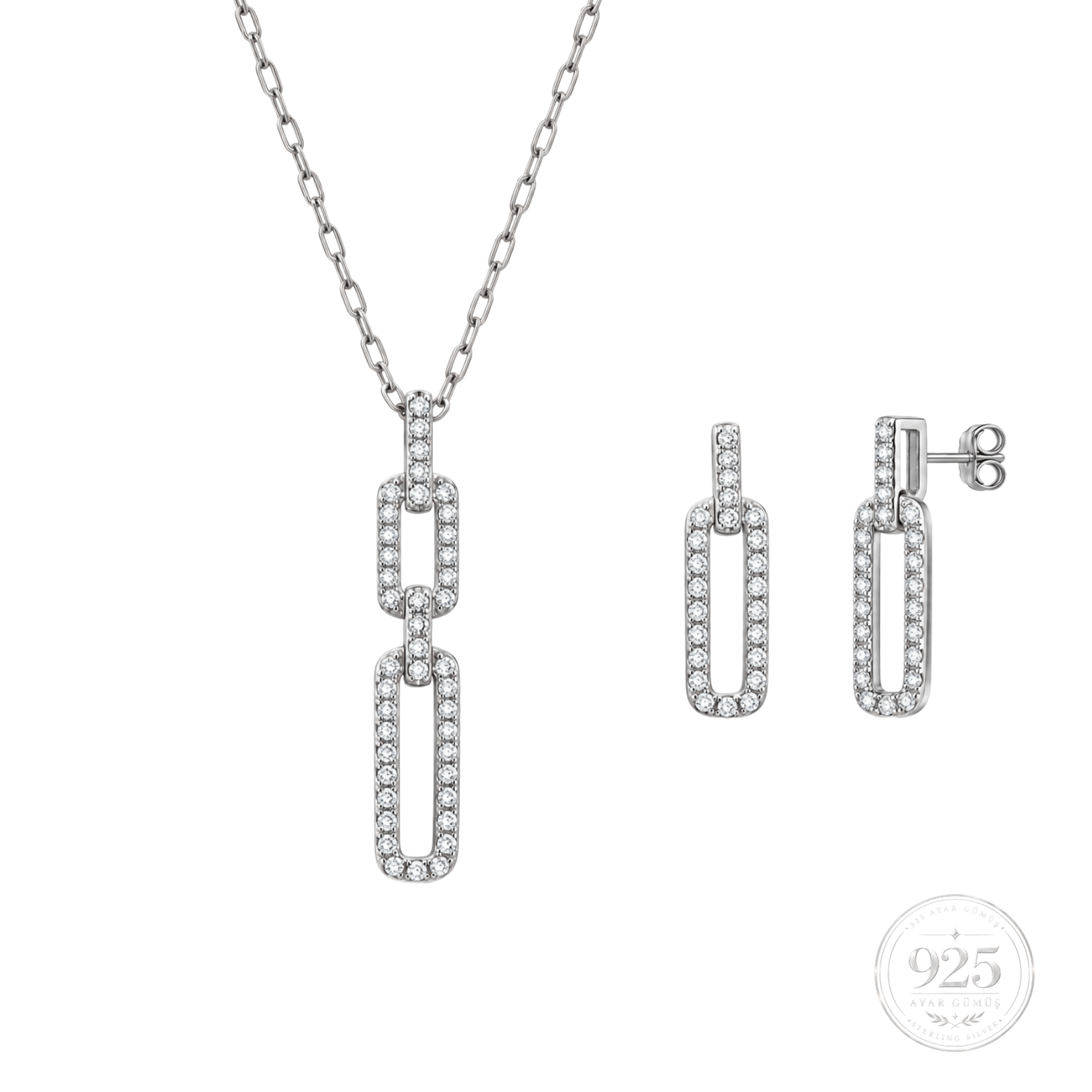 Servi 925 Ayar Gümüş Chain Glow Işıltılı Ataç Kolye ve Küpe Set