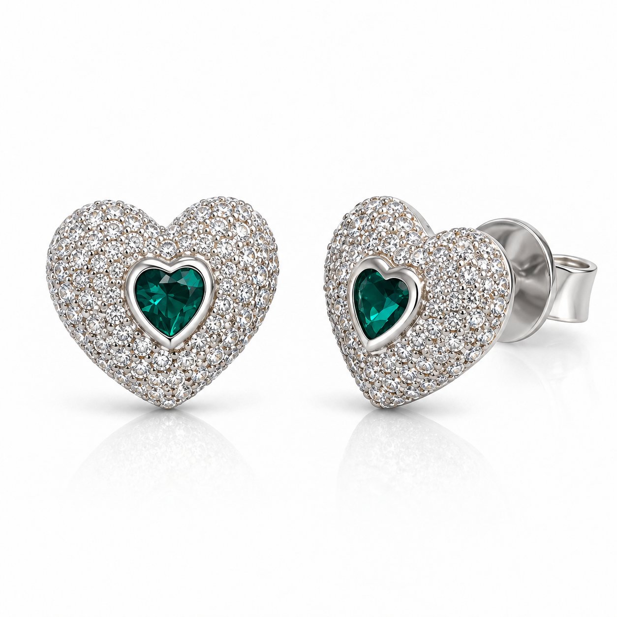Servi 925 Ayar Gümüş Emerald Love Zümrüt Rengi Taşlı Kalp Küpe