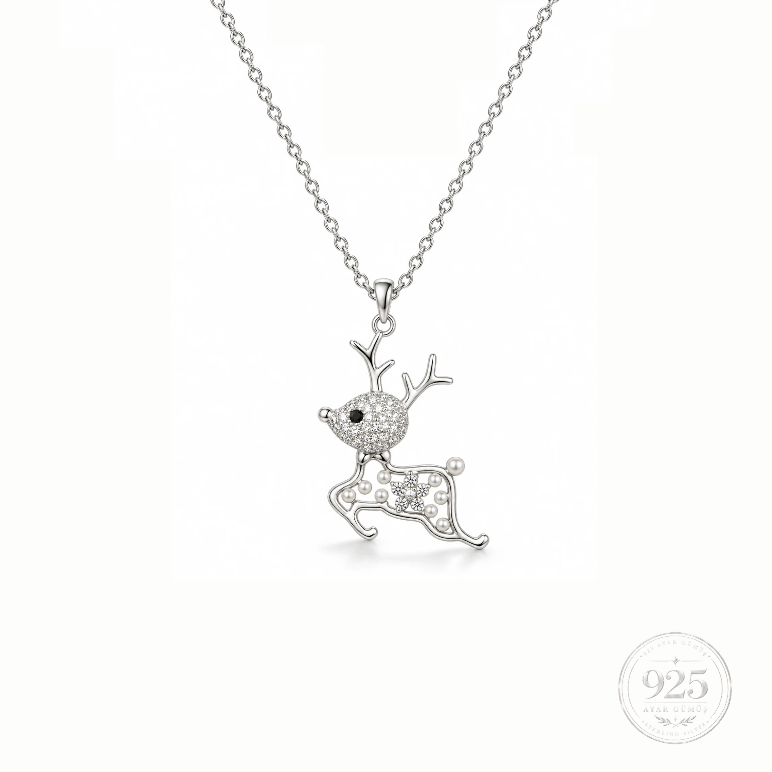 Servi 925 Ayar Gümüş My Deer Mini İnci Detaylı Geyik Figürlü Kolye