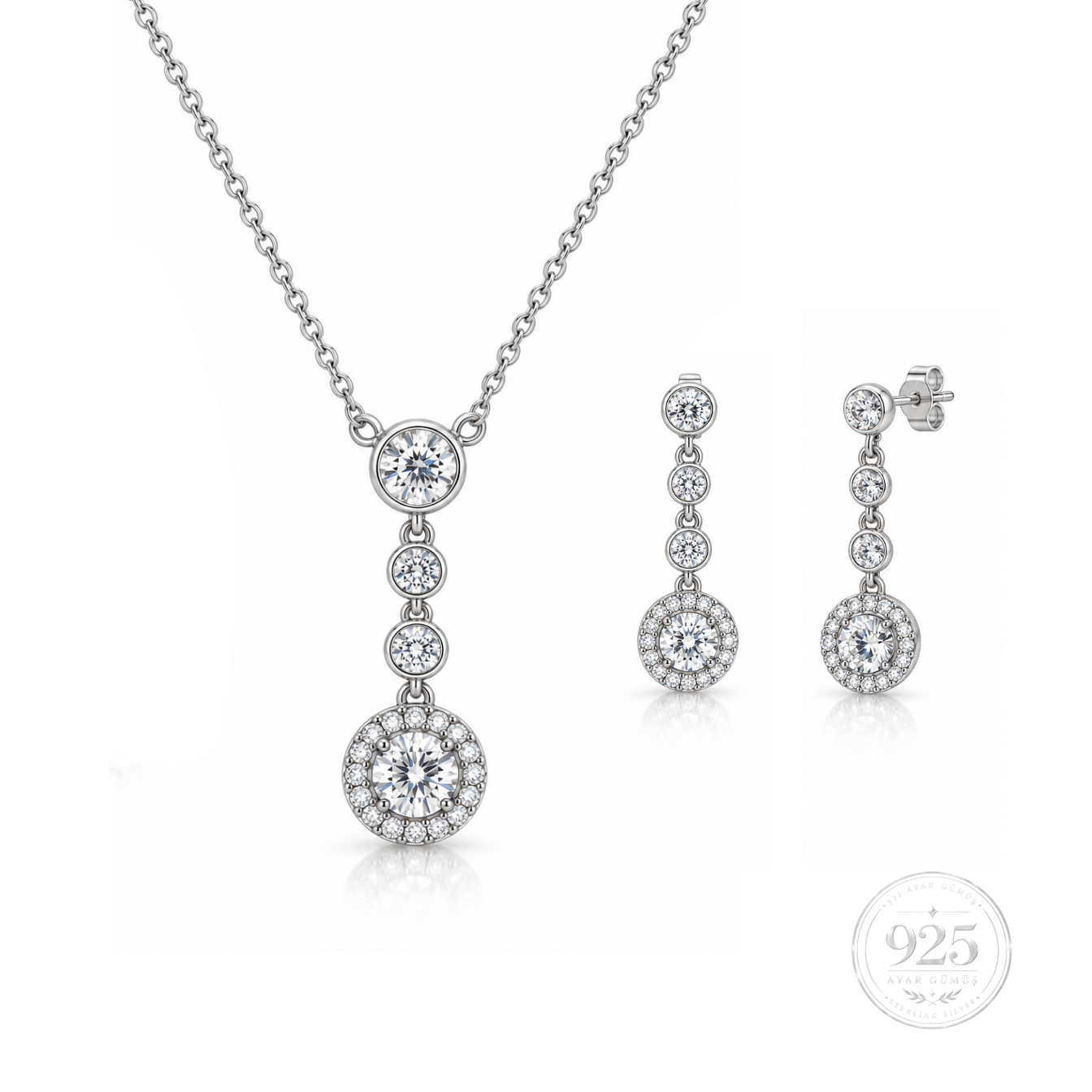 Servi 925 Ayar Gümüş Starlight Zirkon Taşlı Kolye ve Küpe Seti