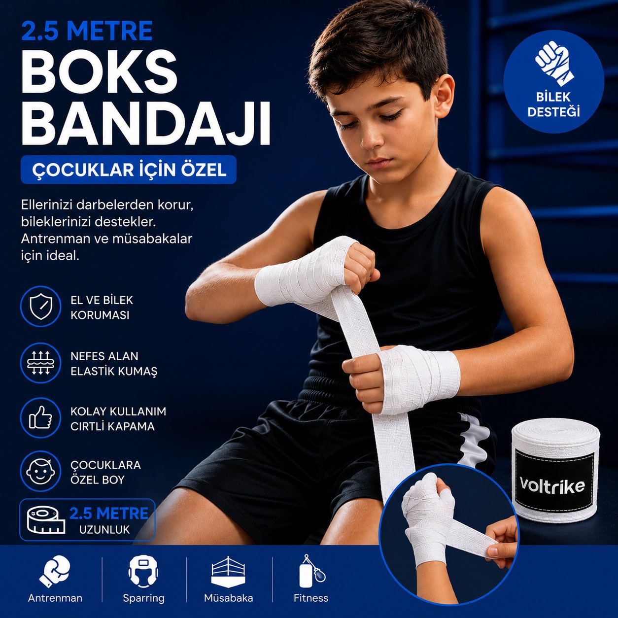 Voltrike Çocuk Boks-Kickbox-Muay Thai-Sanda El Bandajı  Beyaz  2.5 Metre