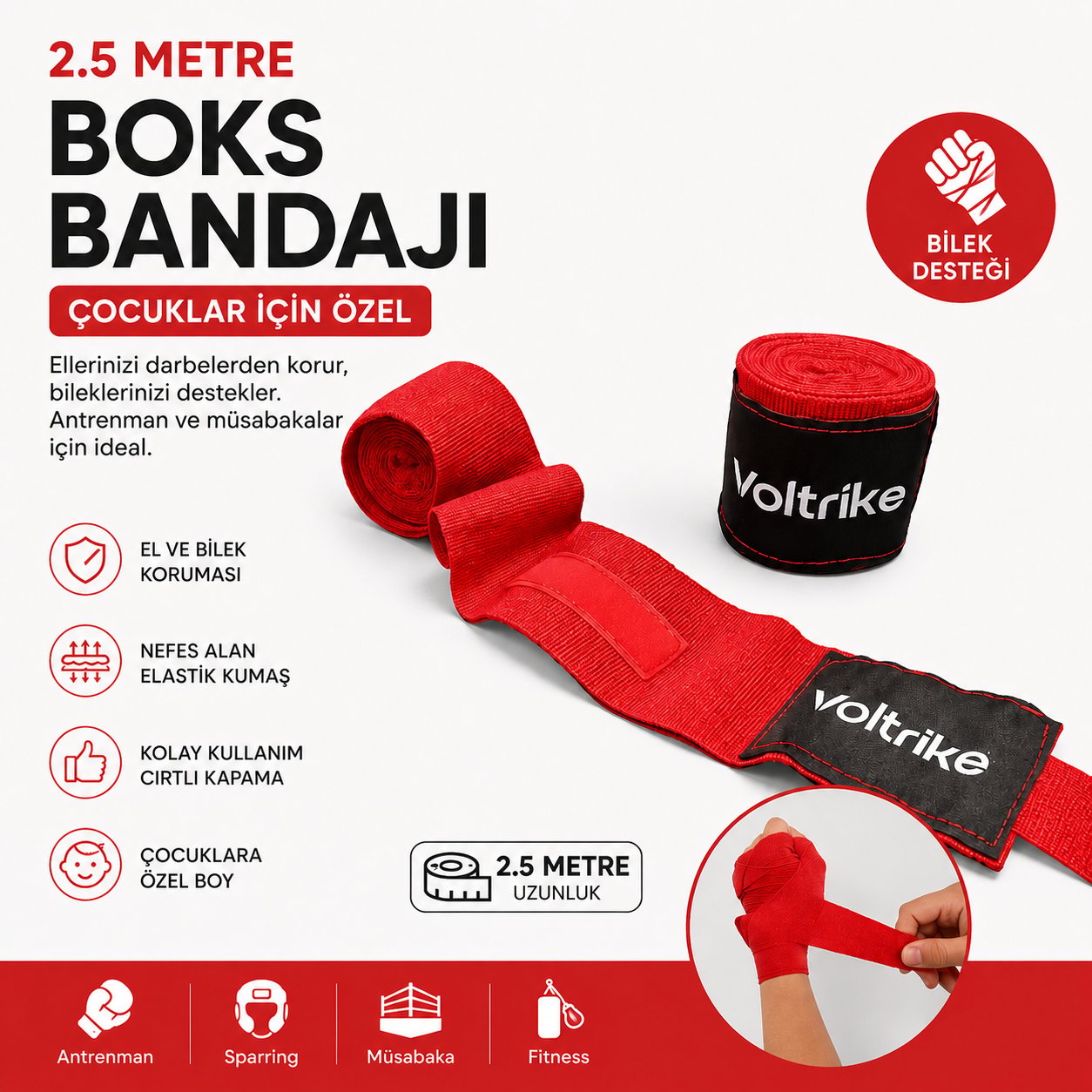 Voltrike Çocuk Boks-Kickbox-Muay Thai-Sanda El Bandajı  Kırmızı  2.5 Metre