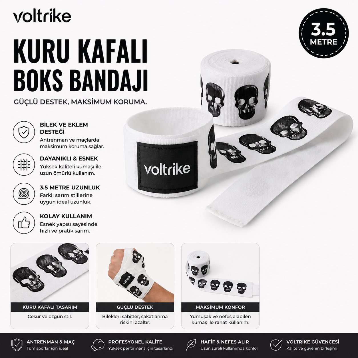 Voltrike Kuru Kafalı Boks-Kickbox-Muay Thai-Sanda El Bandajı Beyaz 3.5 Metre