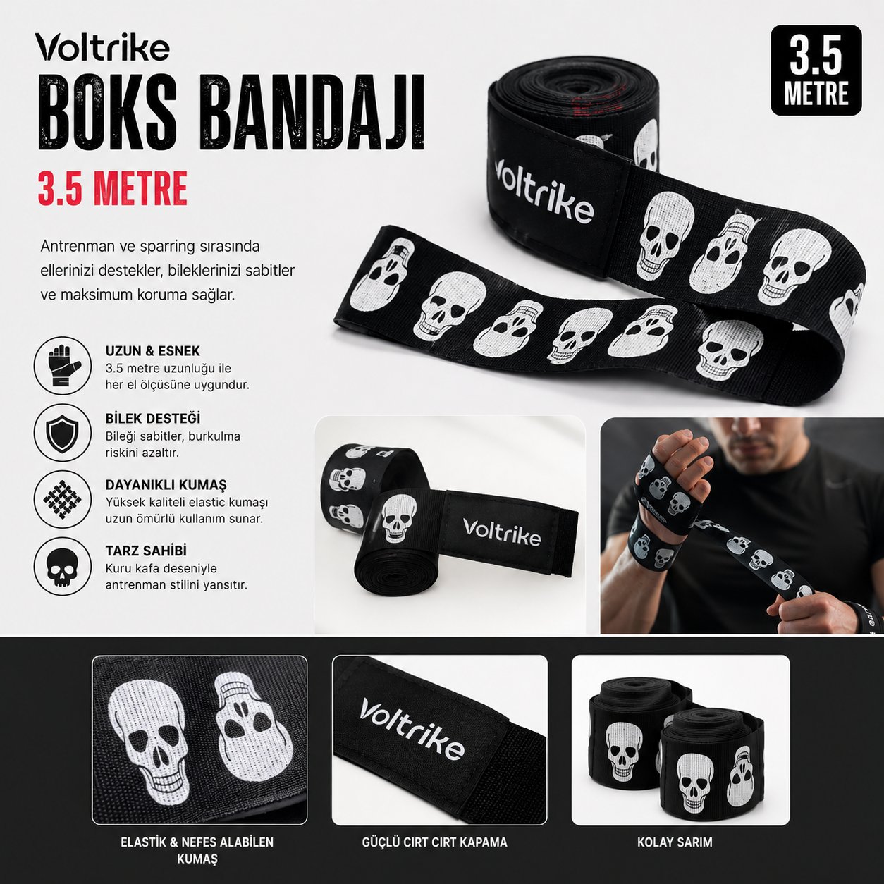 Voltrike Kuru Kafalı Boks-Kickbox-Muay Thai-Sanda El Bandajı Siyah 3.5 Metre