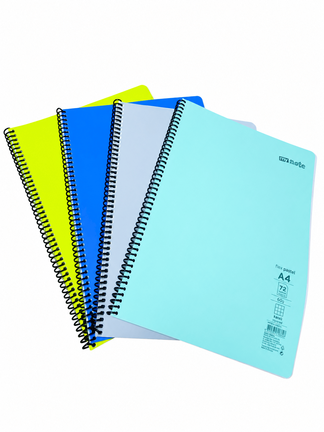 Mynote FLEX Spiralli A4 72 Yaprak 4'lü Defter Seti 2 Çizgili 2 Kareli