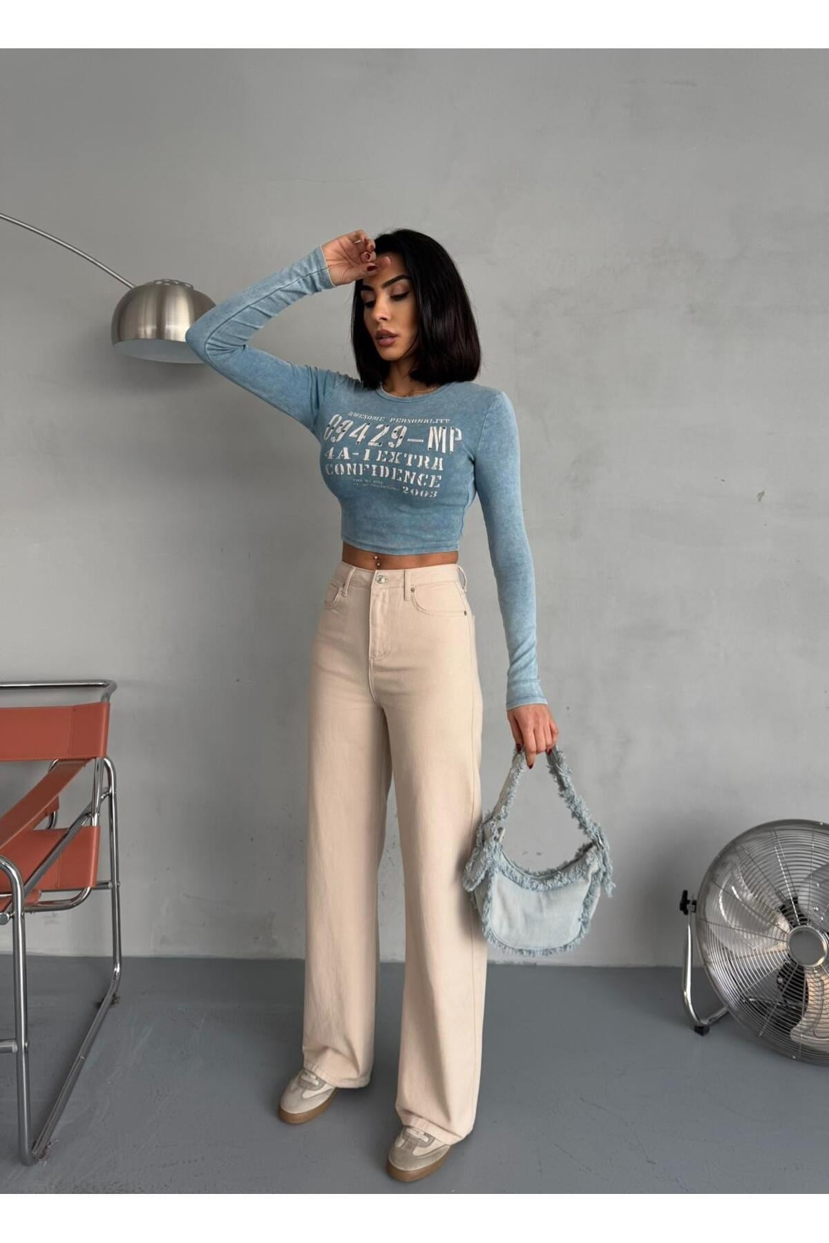 BEJ DENIM KUMAŞ WİDE-LEG PANTOLON