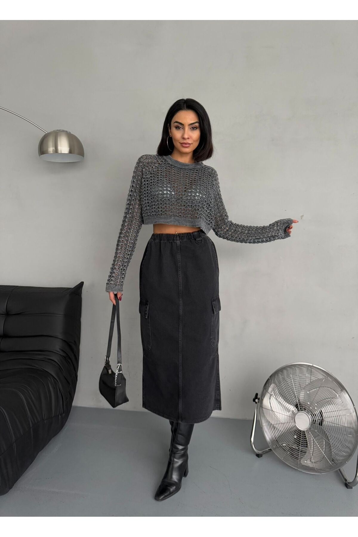 BELİ LASTİKLİ FÜME MAXI DENIM ETEK