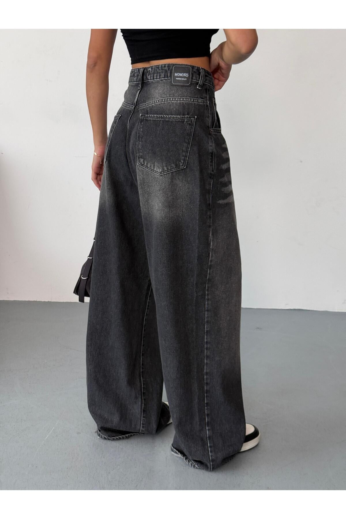 Kadın Extra Baggy Jean Yüksek Bel Salaş Pantolon Siyah Taşlamalı