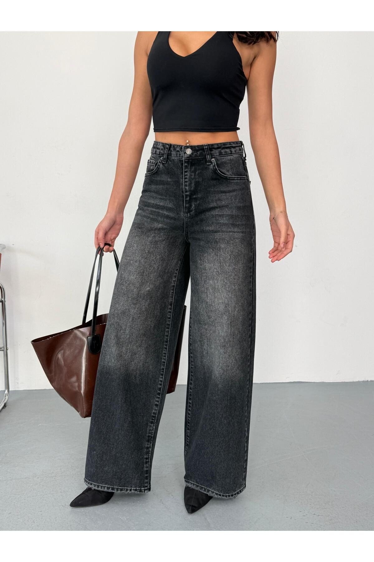 Kadın Füme Taşlamalı Baggy Jean yüksek bel geniş paça kot pantolon Siyah