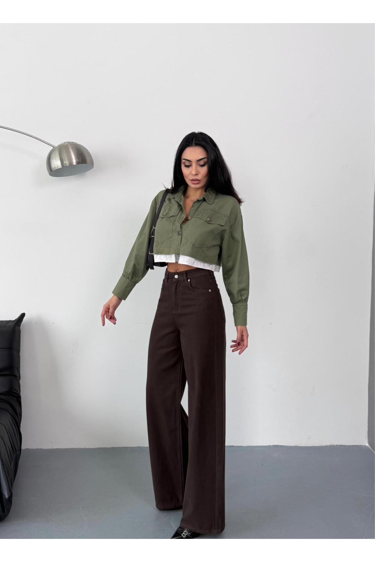 KADIN KAHVERENGİ BAGGY JEAN YÜKSEK BEL GENİŞ PAÇA KOT PANTOLON