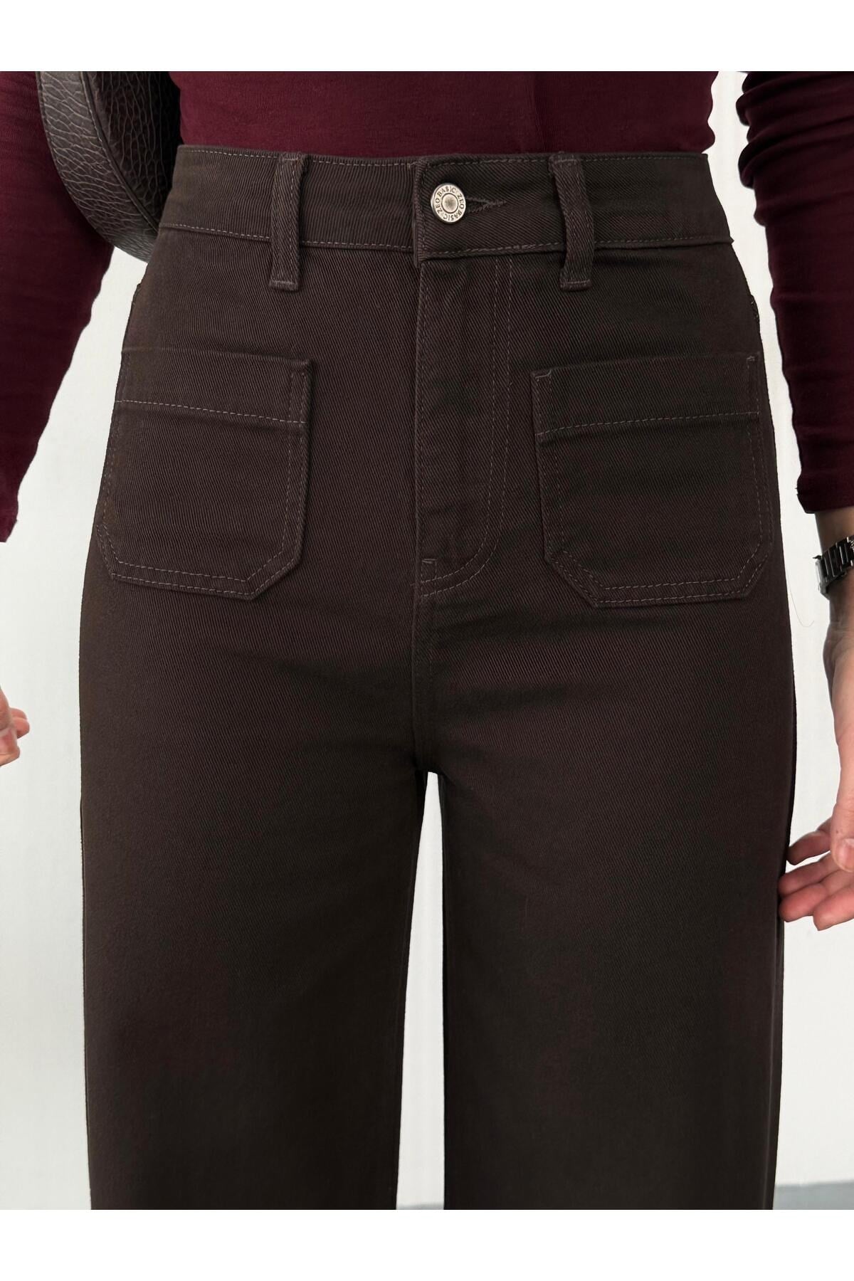 Kadın Kahverengi Ön cepli Wide-Leg Jean yüksek bel geniş paça kot pantolon
