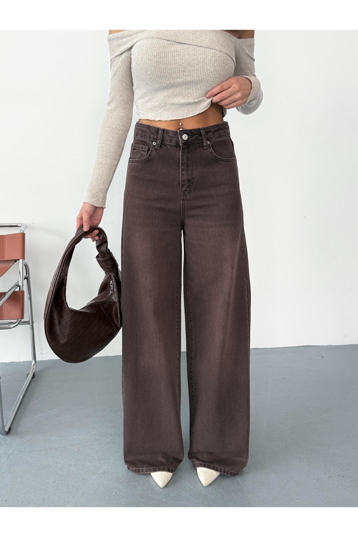 Kadın kahverengi taşlamalı Baggy Jean yüksek bel geniş paça kot pantolon