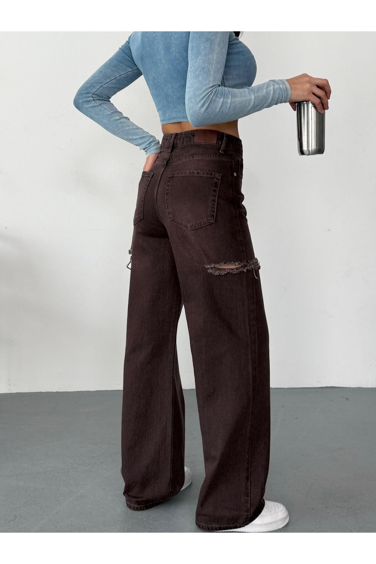 Kadın kahverengi taşlamalı baggy jean yüksek bel kot pantolon denim kumaş yanlardan lazerli