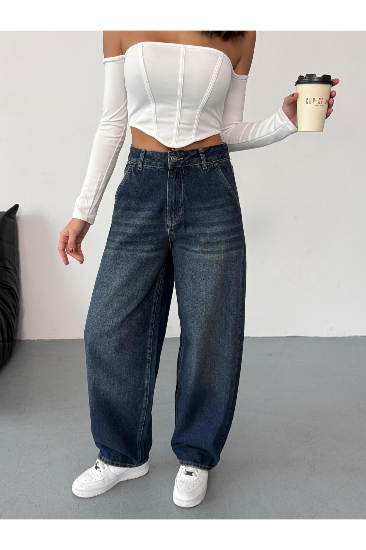 Kadın Mavi Eskitmeli Skater Fit Yüksek Bel Pantolon