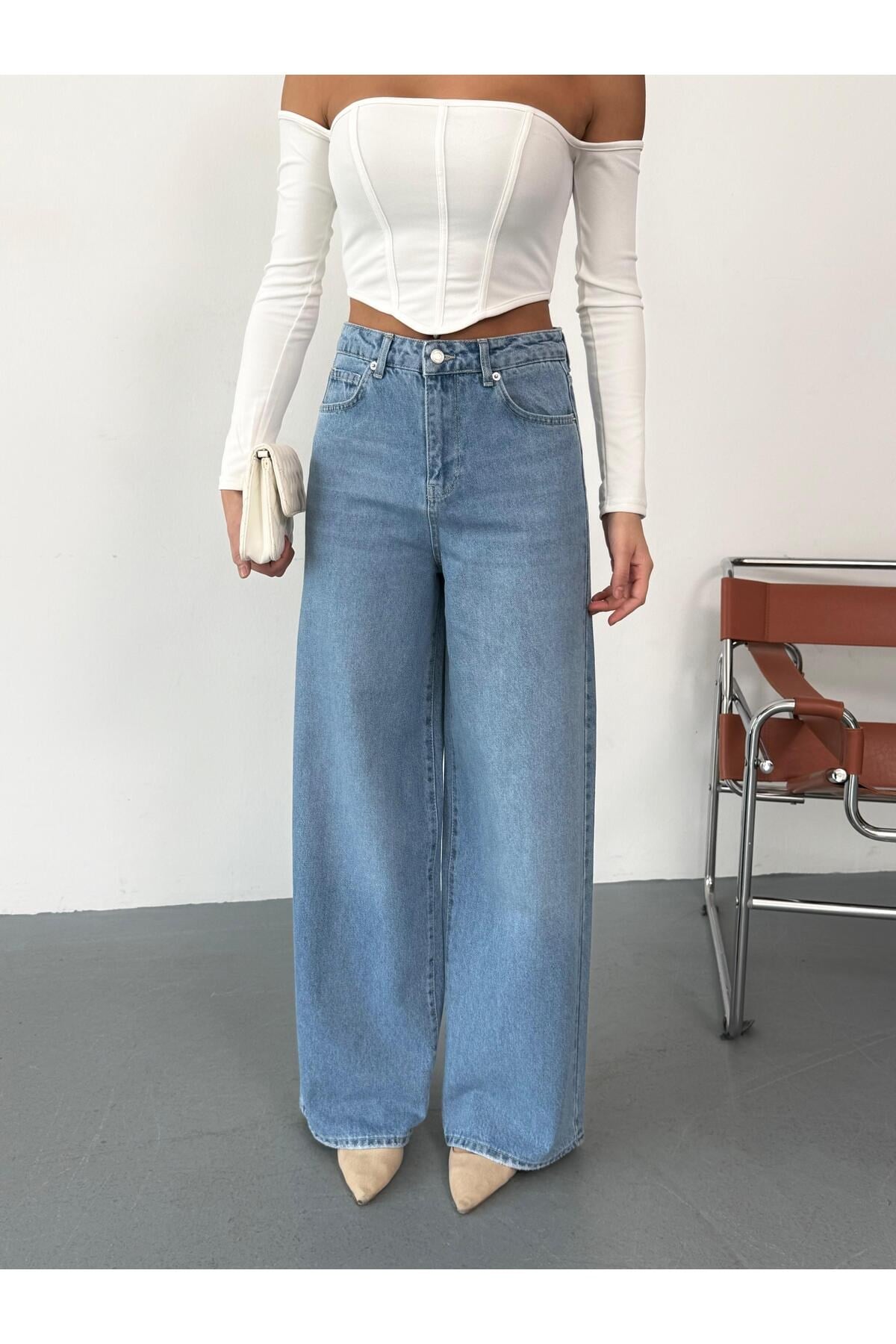 Kadın Mavi Taşlamalı Baggy Jean yüksek bel geniş paça kot pantolon Siyah