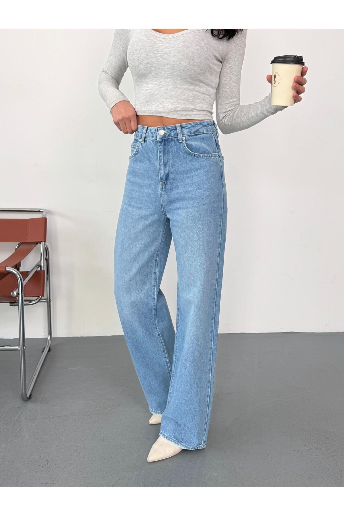 Kadın Mavi Taşlamalı Wide-Leg Jean yüksek bel geniş paça kot pantolon