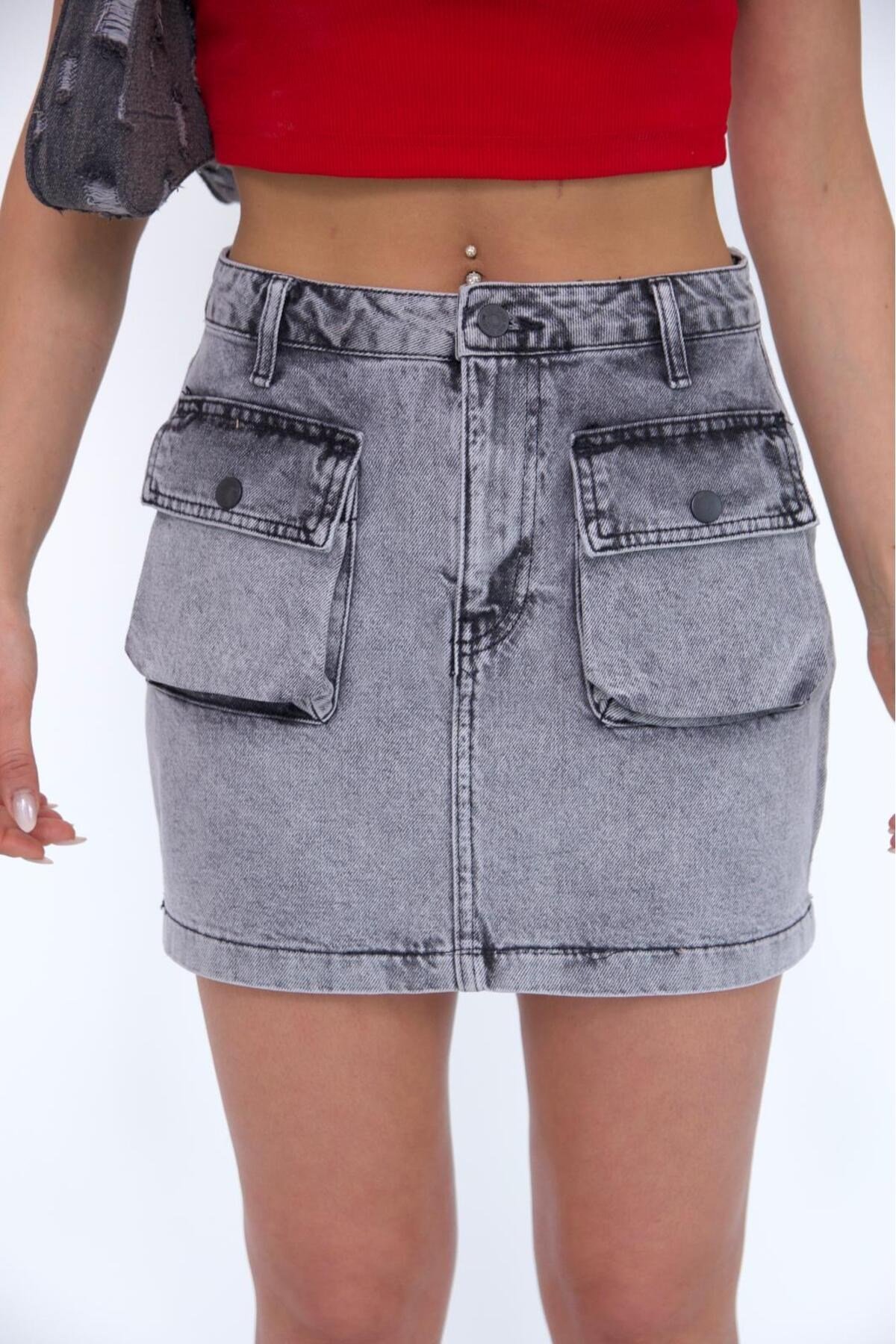 KARGO CEPLİ GREY MİNİ SKİRT