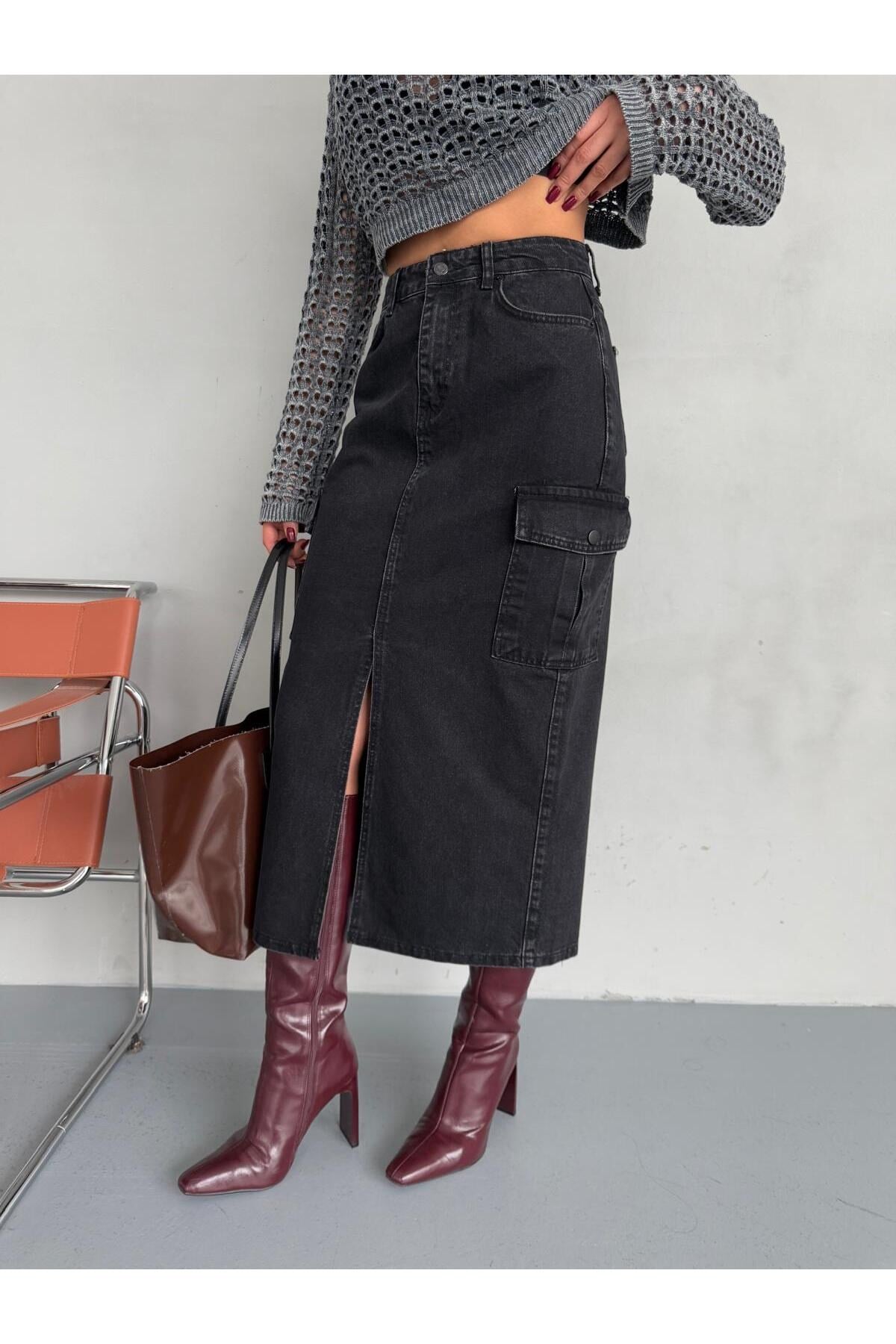 KARGO CEPLİ ÖN YIRTMAÇLI FÜME DENIM ETEK