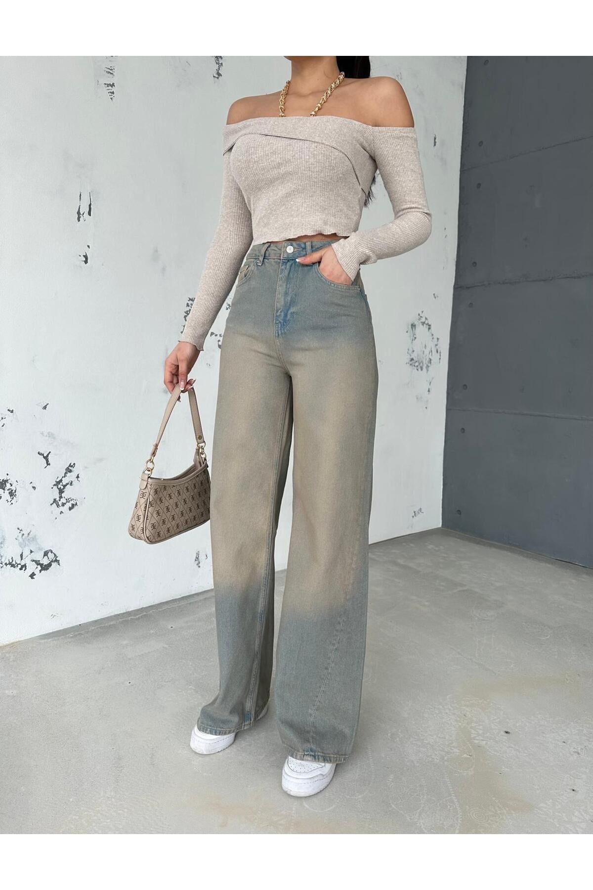 ZEO BASİC DENİM BAGGY PANTOLON YANDAN ÇAPRAZ DİKİŞLİ BEJ TİNTLİ