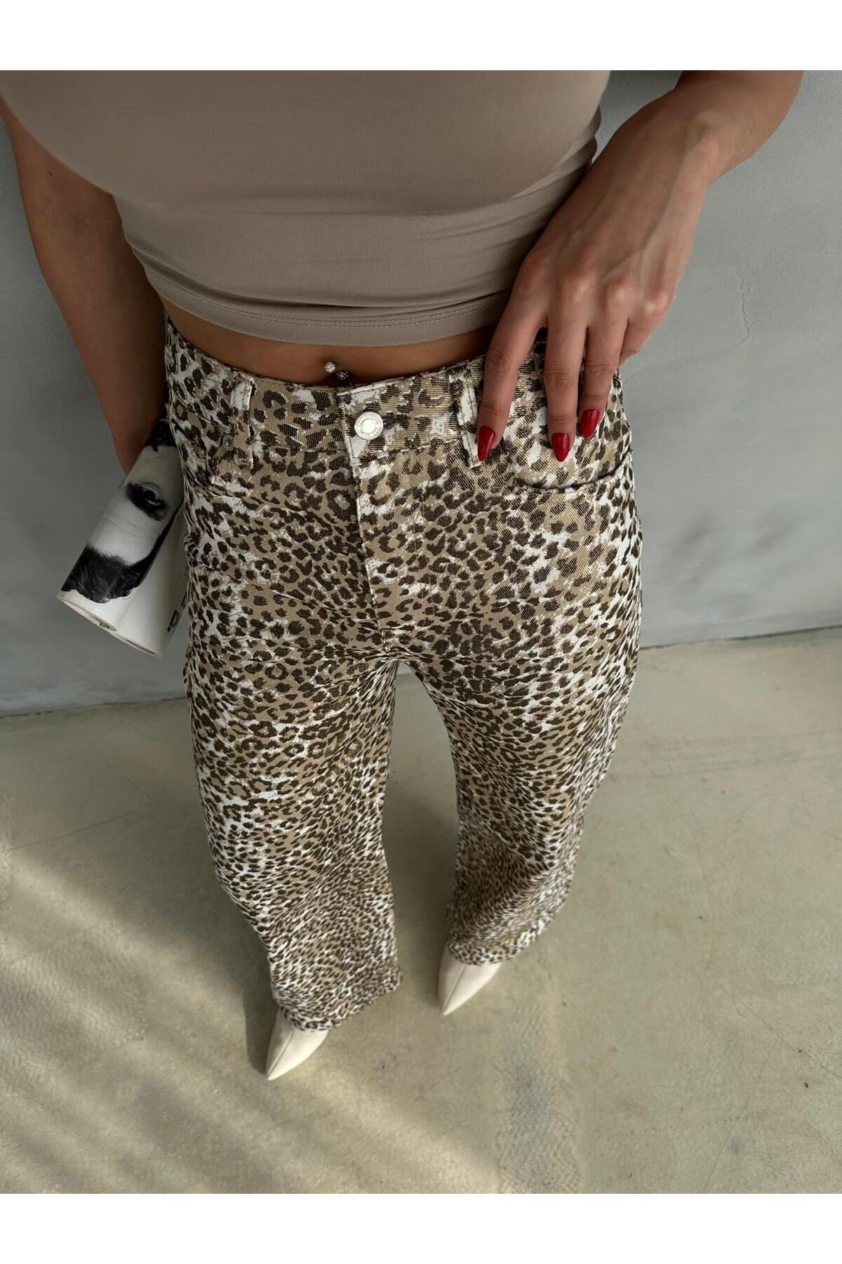 ZEO BASİC GOLD LEOPAR DESENLİ  VARAK BASKILI GENİŞ PAÇA PANTOLON