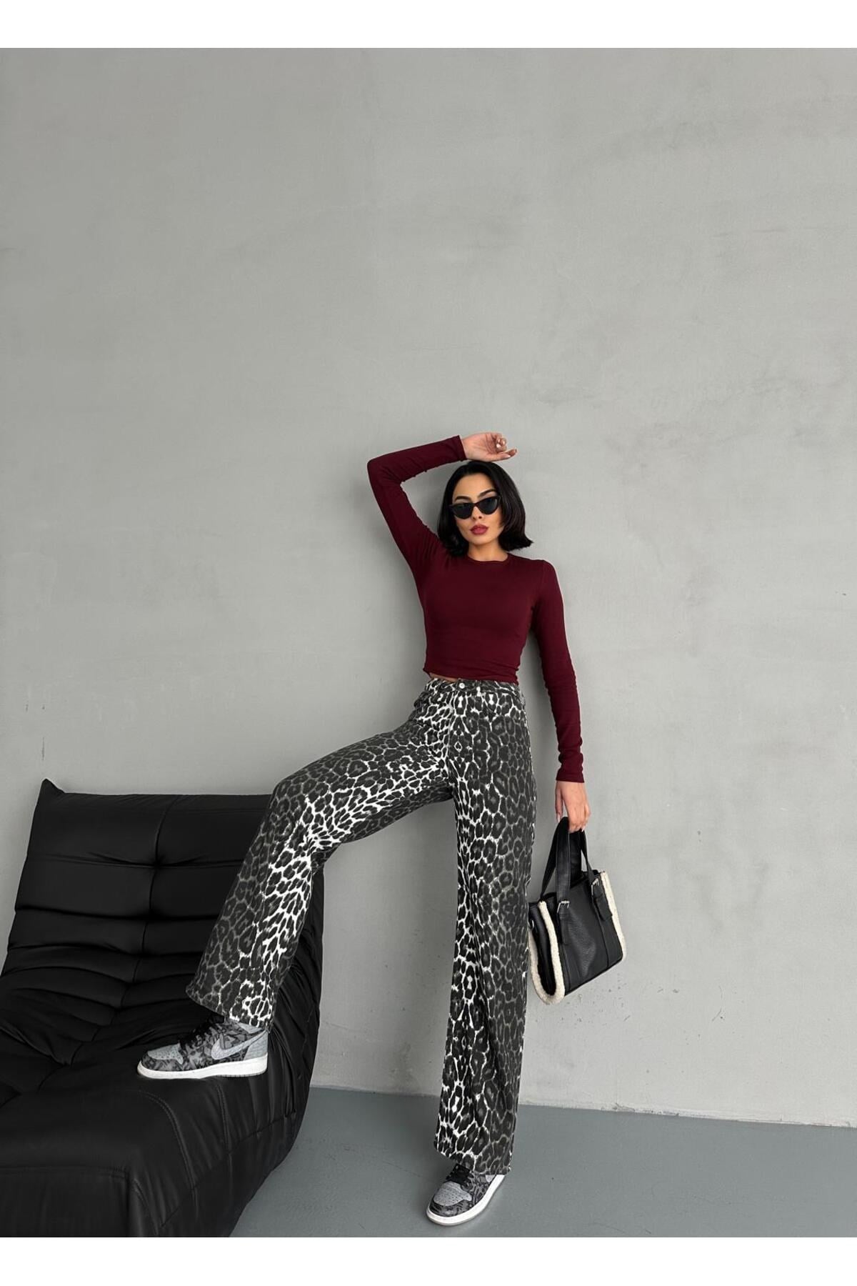 ZEO BASİC WİDE-LEG PANTOLON LEOPAR DESENLİ HAKİ